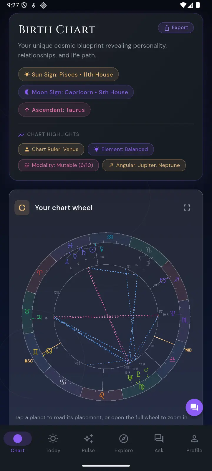 Personalized natal birth chart with the chart wheel, planetary placements, houses and aspects